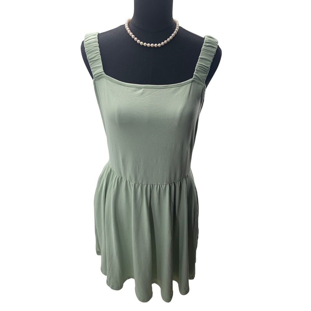 HUHOT Womens Sage Green Square Neck Sleeveless Mini Dress with Pockets Large NWT